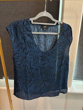 7 For All Mankind Navy and Black Animal Print V-Neck Blouse